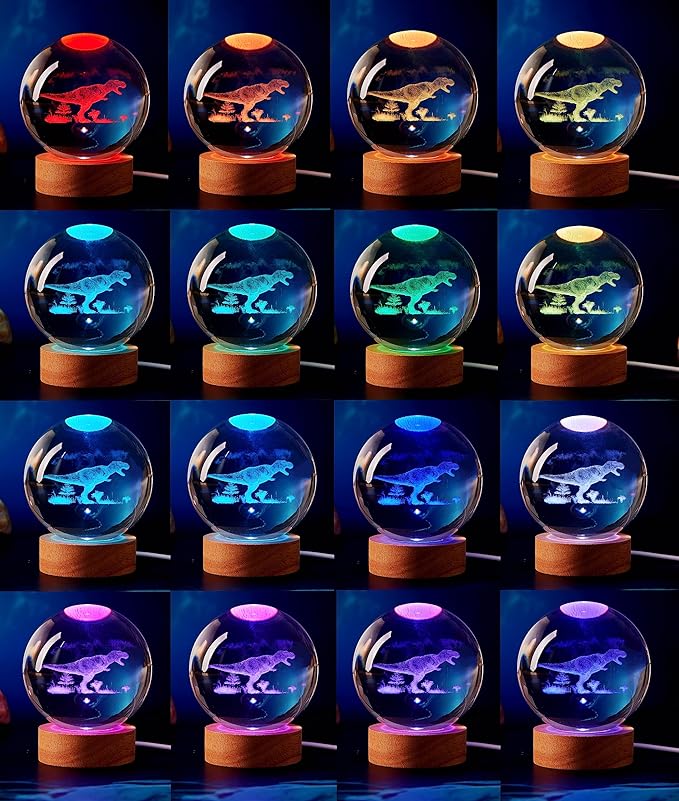 Dinosaur Crystal Ball Lamp, 3D K9 T-Rex, 3.15in USB Powered, 16 Colors Change, Remote Control, Night Light with Wooden Base, Gift Box - Bloomnest