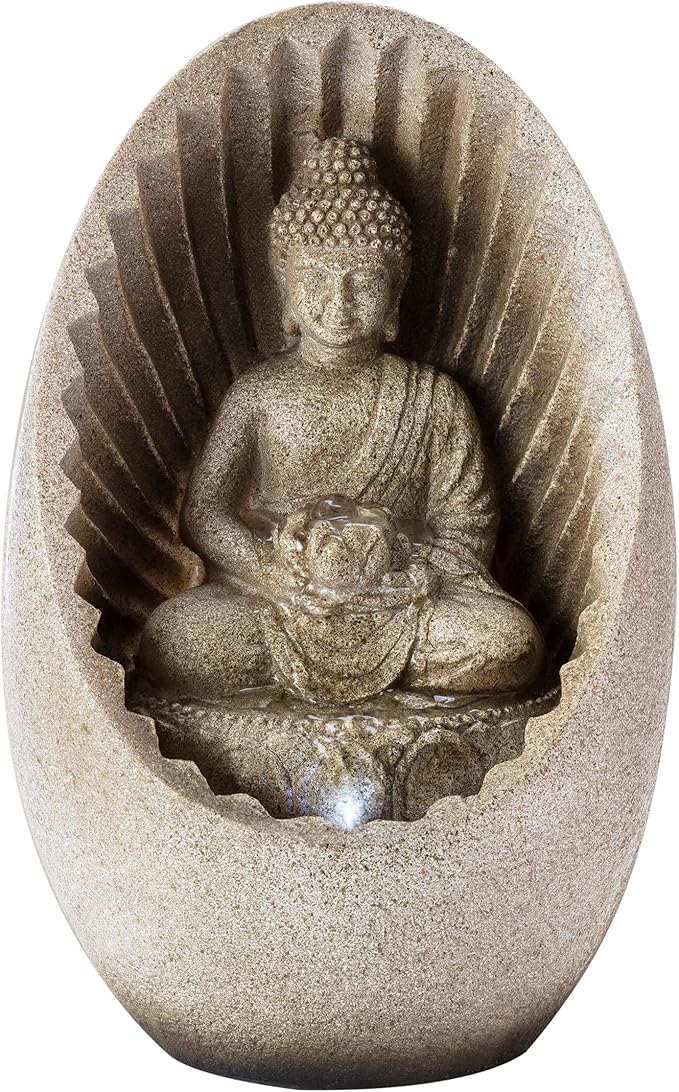 Alpine Corporation WIN322 Indoor/Outdoor Tabletop Buddha Fountain with LED Lights, Soothing Buddha Garden Fountain 11", Beige - Bloomnest