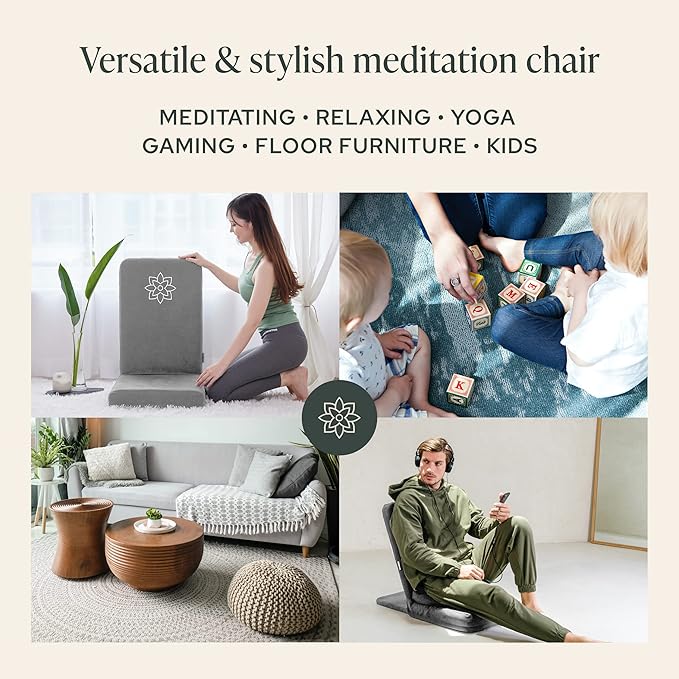 Mindful Modern Folding Pro Meditation Chair - Adjustable Meditation Seat with Back Support and Half Moon Buckwheat Meditation Cushion - Comfortable Mindfulness Living Room Floor Chair - Bloomnest