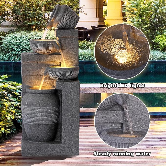 Grepatio Outdoor 4-Tiers Water Fountain, Garden Cascading Waterfalls Fountain with LED Lights, 32" H Modern Indoor/Outdoor Bowl Waterfall Feature Water Fountains for Garden, Patio, Yard Decor (Grey) - Bloomnest