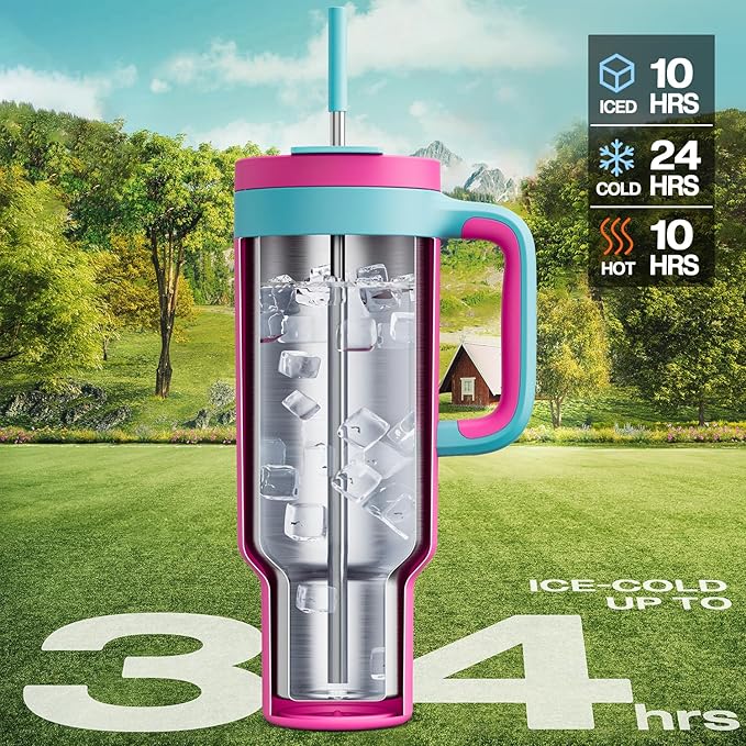 POWCAN 50 oz Tumbler with Handle, 2-in-1 Straw and Sip Lid, Leakproof, Dishwasher Safe, Insulated Stainless Steel Travel Coffee Mug, Keeps Cold for 34 Hours, Fits in Car Cup Holder (Petal) - Bloomnest