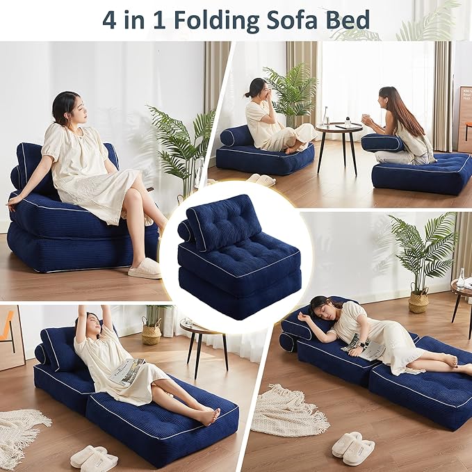 35.4x33.5 Inch Floor Pillow, Large Round Floor Cushion with Removable Washable Cover - Ultra Soft Plush Filling for Adults, Kids, Lounge, Bedroom, Reading Nook, Meditation, Corduroy, Blue