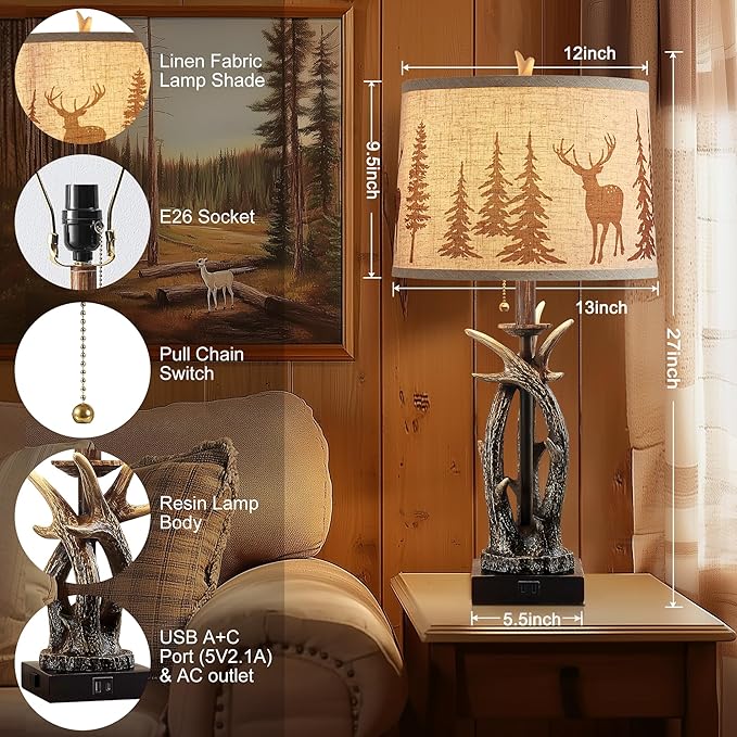 Farmhouse Deer Antler Table Lamps Set of 2 Rustic Western Bedside Lamp with USB A+C & Outlet for Log Cabin Bedroom Hunting Themed Livig Room End Table Cottage Home Decor,Deer Print Linen Fabric Shade - Bloomnest
