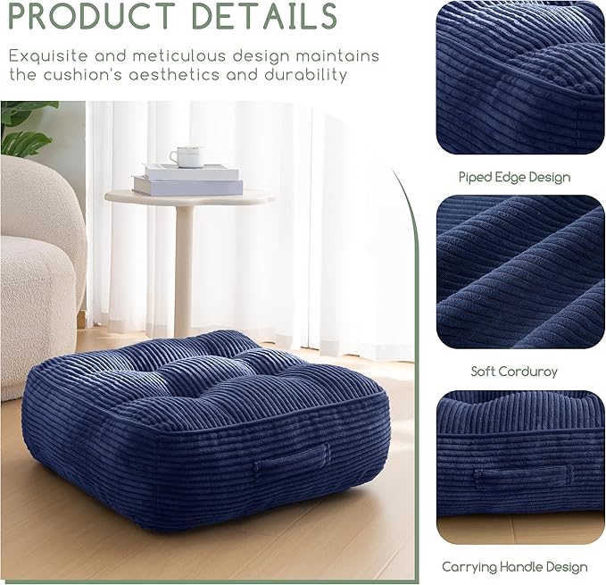 8" Washable Floor Pillow Cushion for Adults, Meditation Cushion Pillow, Large Square Floor Sitting, Removable Tufted Corduroy Cover, for Tatami Living Room or Yoga, 22x22 Inch, Machine Washable - Bloomnest