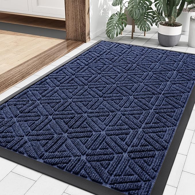 Smiry Front Door Mat Outside Entrance, Heavy Duty Sturdy Natural Rubber Doormat, Trap Dirt and Moisture, Easy Clean Low Profile Mats for Indoor Outdoor Entry, Grid Geometric (36x24, Navy Blue) - Bloomnest