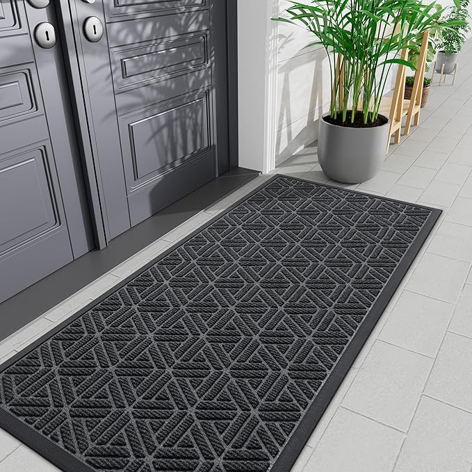 Smiry Front Door Mat Outside Entrance, Heavy Duty Sturdy Natural Rubber Doormat, Trap Dirt and Moisture, Easy Clean Low Profile Mats for Indoor Outdoor Entry, Grid Geometric (71x24, Grey) - Bloomnest