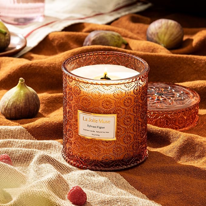 LA JOLIE MUSE Fall Candles - Sylvan Figue, Fig Leaf, Red Berries, Sandalwood | 19 oz Large Wooden Wick Candle | Natural Soy Wax | 90 Hours Clean Burn | Luxury Fig Candle | Gift-Ready for Hosts - Bloomnest