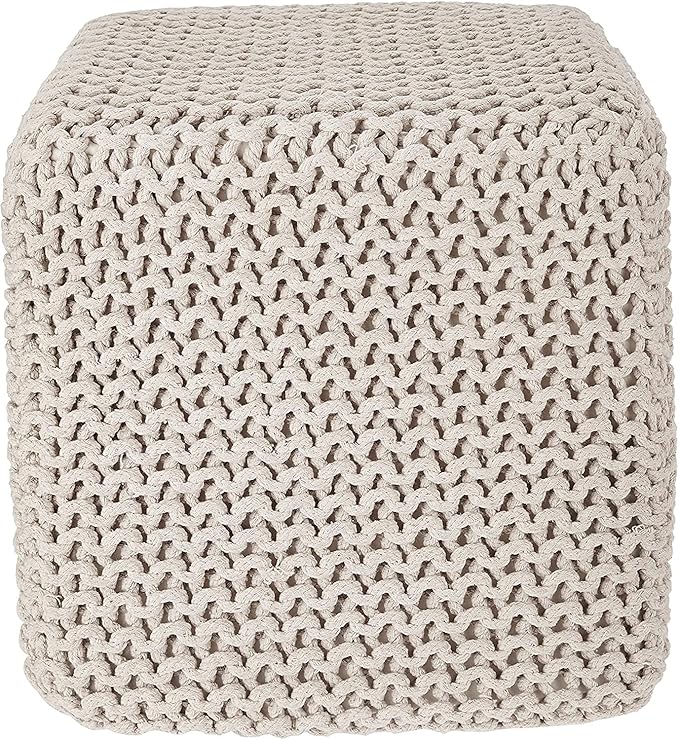 REDEARTH Square Pouf Ottoman Foot Stool - Hand Knitted Bean Bag - Cord Boho Pouffe - Accent Poof for Living Room - Nursery - Bedroom - Kids Bedroom - Patio - 100% Cotton (16" x 16" x 16") - Ivory - Bloomnest