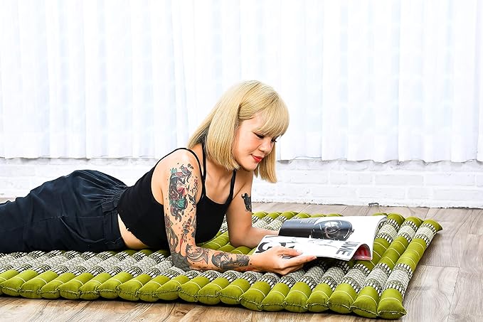 Leewadee - Kapok Roll Mat – Handcrafted Folding Sleep & Relaxation Mattress from Thailand, Ideal as Guest Bed, Camping Mat, Yoga Mat or Traditional Futon, 75 x 39 inches, Green - Bloomnest