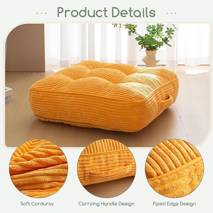 6" Washable Floor Pillow Cushion for Adults, Meditation Cushion Pillow, Large Square Floor Sitting, Removable Tufted Corduroy Cover, for Tatami Living Room or Yoga, 22x22 Inch, 2Pack, Machine Washable - Bloomnest