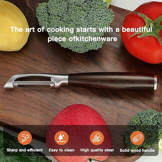 Serrated Blade Premium I Type 304 Stainless Steel Multifunctional Kitchen Peeler Real Wood Handle Ultra Sharp Blade Vegetable Potato Apple(Carbonized Wood) - Bloomnest