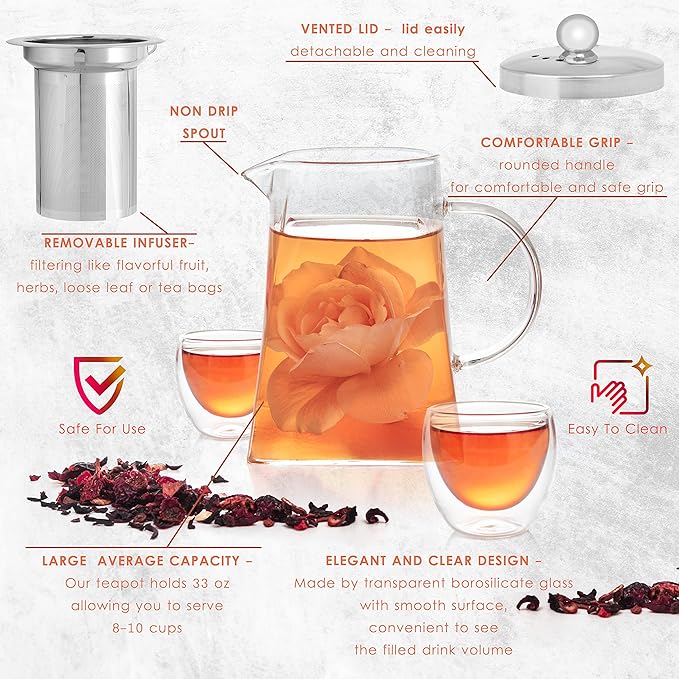 Mixpresso 5 Piece Glass Tea Pot Set, Kettle with Removable Infuser, Clear Glass Teapot 33oz With 4 Double Wall Cups 2.7oz Stovetop Safe Teapot For Loose Leaf Tea, Perfct As Tea Gift Sets. - Bloomnest