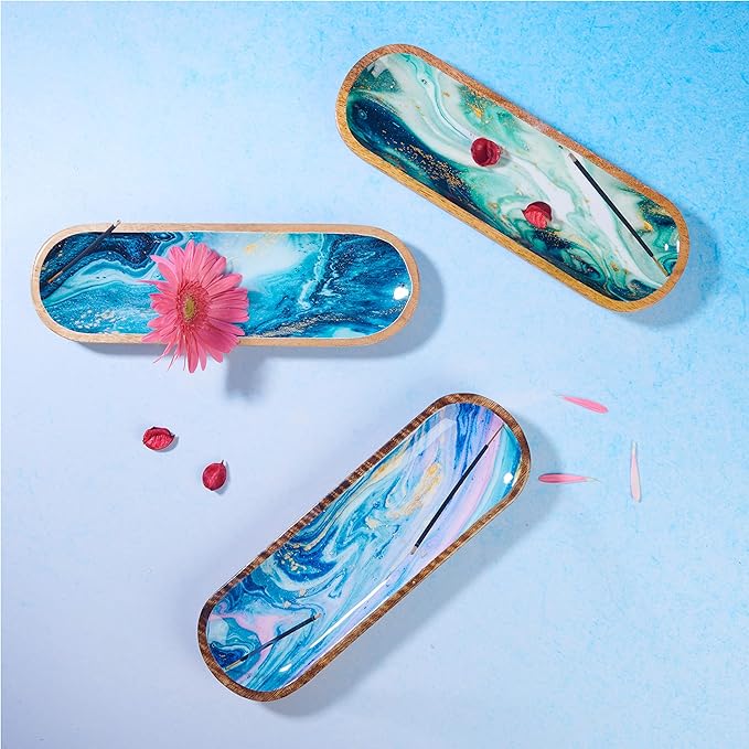 Folkulture Incense Holder or Incense Burner, Modern Incense Holder for Sticks, Ash Catcher or Insence-Stick Holder for Home Décor, 12 Inch Long for Home Decor, Mango Wood, Green Agate