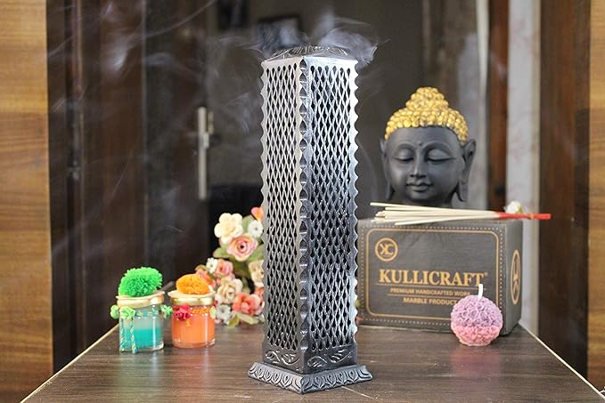 Handmade Marble Black Soapstone Incense Stick Burner | Candle Stick Holder | Tea Light Burner - Perfect Jaali Carving for Gifting. Decorative Home and Kitchen Decor (3 x 3 x 11 Inches).