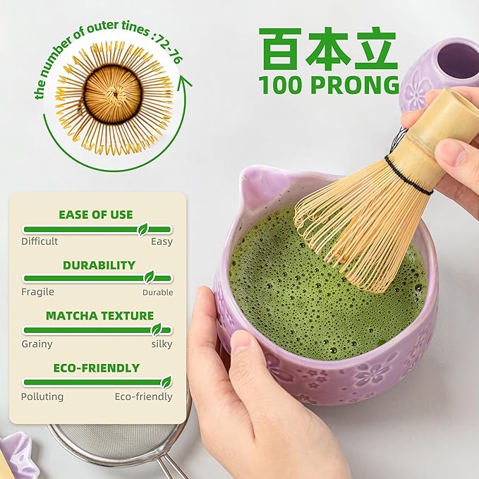 TEANAGOO 7-PCS Purple Matcha Whisk Set with Cherry Blossom Design, Complete Ceremony Kit, Ceramic Chawan Bowl with Spout, Whisk & Accessories, Traditional Matcha Tea Set for Lattes& Gift Giving - Bloomnest