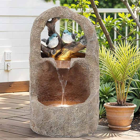 27" 2-Tier Bird Outdoor Water Fountain with Lights, Natural Zen Garden Fountain, Relaxing Waterfall Floor, Yard, Porch or Deck Decor, Whether-Resistant, Faux Granite Texture