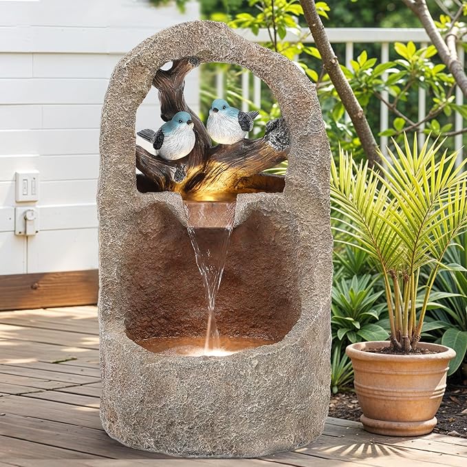 27" Outdoor Water Fountain with LED Lights,2-Tier Bird Natural Zen Garden Fountain, Relaxing Waterfall Floor, Yard, Porch or Deck Decor, Whether-Resistant, Faux Granite Texture - Bloomnest