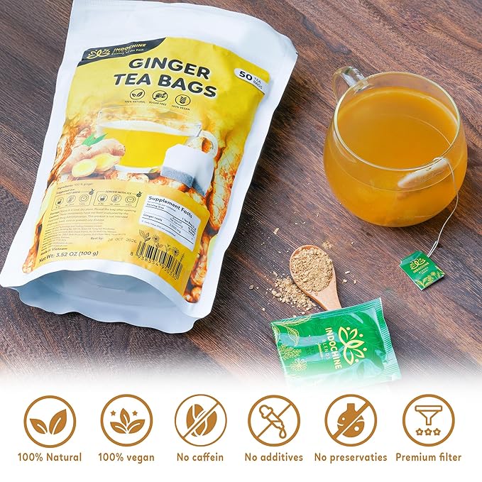 Indochine Blends Ginger Tea Bags | 100% Pure Ginger Root | Sugar-Free, Caffeine-Free Herbal Tea | Double Chamber, Individually Wrapped Bags| Rich in Natural Goodness and Flavor | 3.5 oz | 50 Tea Bags - Bloomnest