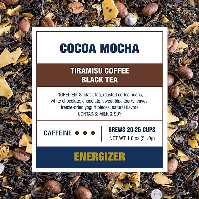 Tiesta Tea Cocoa Mocha, Premium Loose Leaf, Tiramisu Coffee Black Tea, Chocolate and Roasted Coffee, High Caffeinated Blend, Holiday, Hot or Iced Brews, Up to 25 Cups, 1.8 Ounce Resealable Pouch - Bloomnest