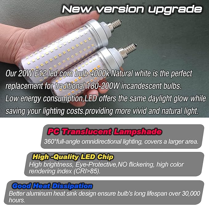 Big1.77x 6.1 inch, E12 200 Watt Equivalent LED Candelabra Bulbs C7,4000K Natural White, 3000 LM T6 E12 20W LED Chandelier Light Bulbs for Ceiling Fan Pendant Lighting Floor Lamp,Non-dimmable, 3 Pack - Bloomnest