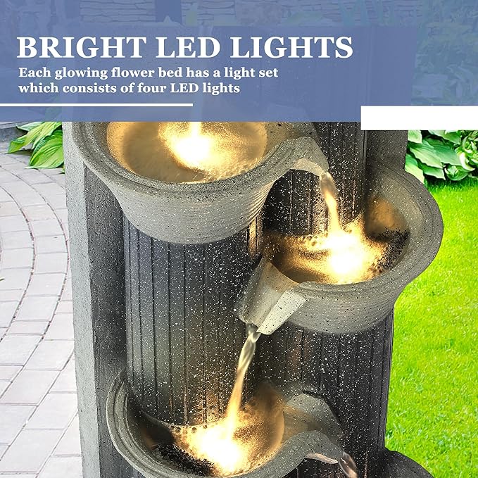 Grepatio Outdoor 5-Tiers Cascading Water Fountain, Garden Waterfalls Fountain with LED Lights, 24" H Modern Indoor Floor Standing Water Fountains with Pump for Patio, Yard, Deck Decor (Greyish Black) - Bloomnest
