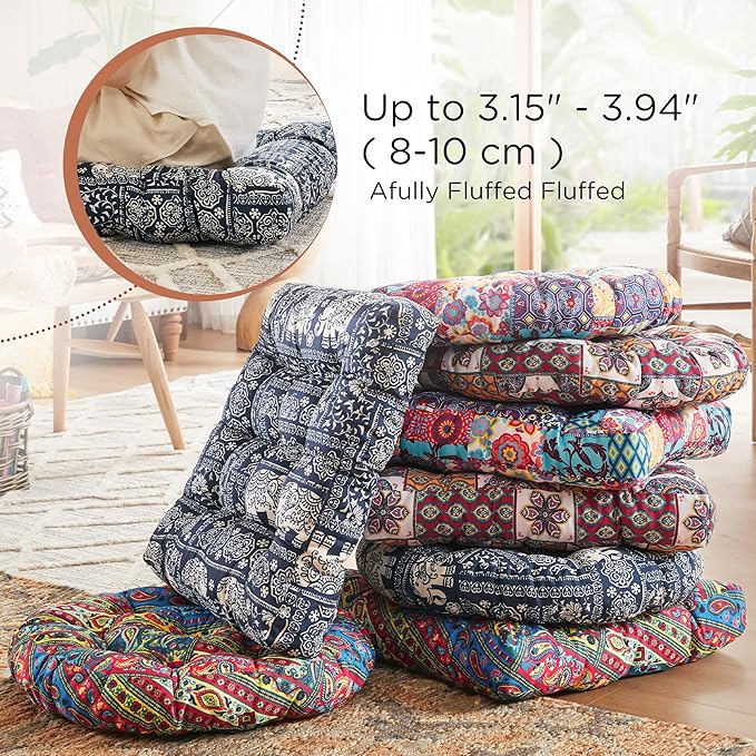 Meditation Floor Pillow Set of 2, Large Pillows Seating for Adults and Kids, Bohemian Cushion for Fireplace Yoga Living Room Sitting, Memory Foam Added, 22x22 Inch Indigo Elephant - Bloomnest