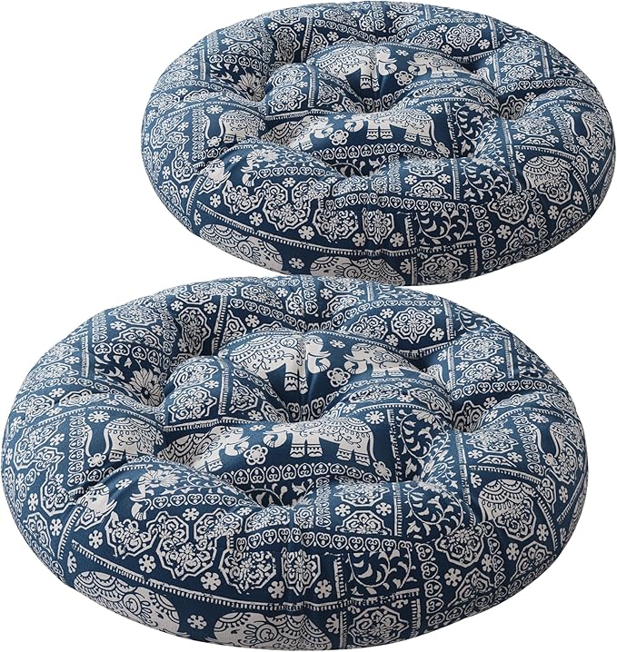 Codi Meditation Floor Pillow, Boho Pillows Seating for Adults and Kids, Large Cushion for Yoga Living Room Tatami Sitting, Memory Foam Added, 22x22 Inch Pack of 2, Round - Indigo Elephant - Bloomnest