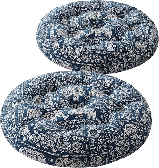 Codi Meditation Floor Pillow, Boho Pillows Seating for Adults and Kids, Large Cushion for Yoga Living Room Tatami Sitting, Memory Foam Added, 22x22 Inch Pack of 2, Round - Indigo Elephant - Bloomnest