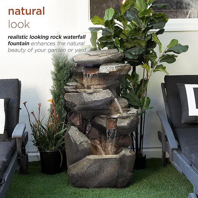 Alpine Corporation WIN1184 40" 3-Tier Outdoor Rock Waterfall Floor Fountain with Color-Changing LED Lights, Cascading Water Feature for Gardens, Patios, and Yards, Gray - Bloomnest