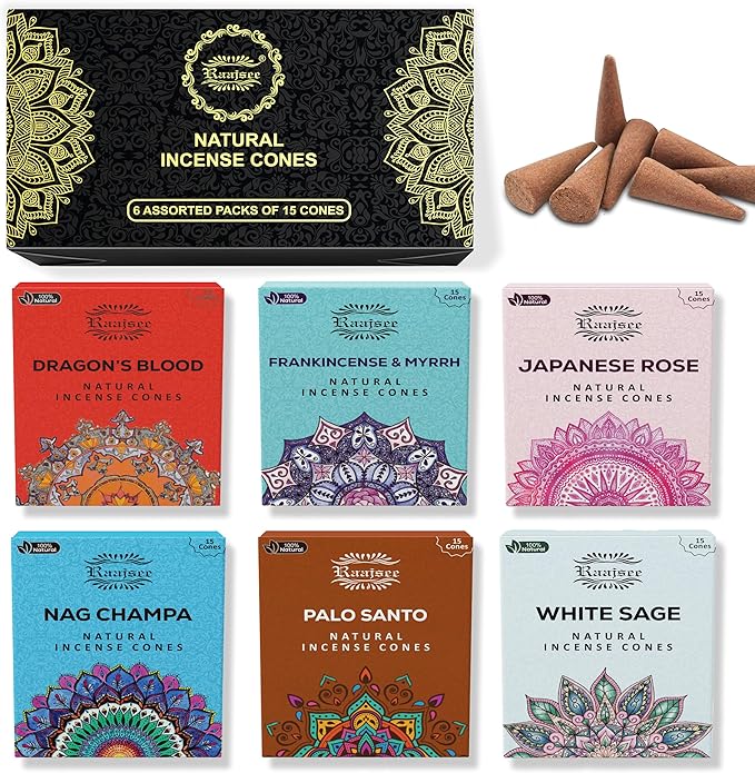 Raajsee Natural Incense Cones,6 Pack Mixed Scents Gift Pack 15 pc Each (90 Total), Insense Cones Variety Pack, 100% Organic Non Toxic Natural - Hand Rolled Free from Chemicals (Pack 2) RAAJSEE