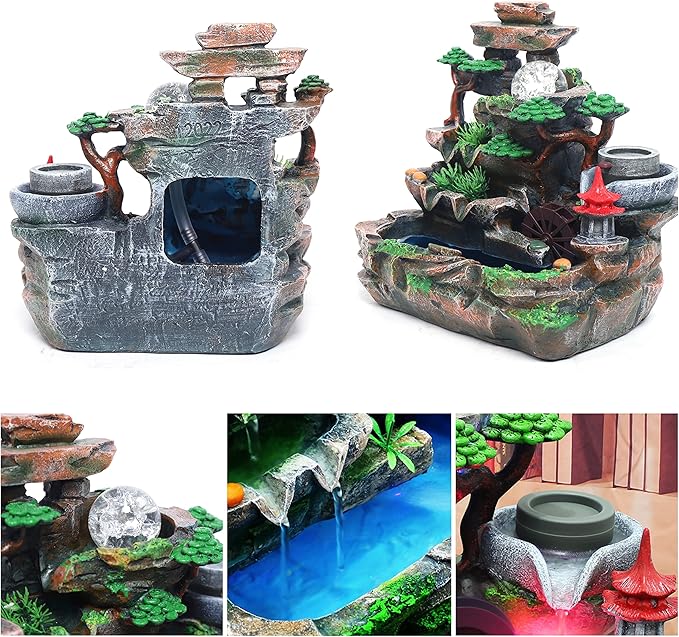 Creative Tabletop Water Fountain with LED Light & Atomizer, Indoor Waterfall Home Decor Best Festival Birthday Gift for/Boys, 10Inch Desktop Small Mini Size, Stream Rock Cavern Falls Bonsai - Bloomnest