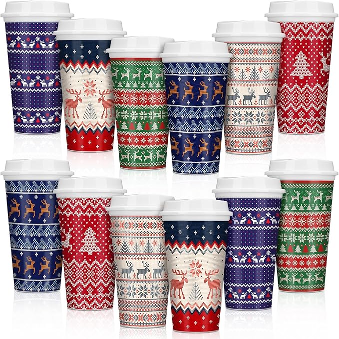 Pickmesh 12 Pack Christmas Coffee Cups Gifts Bulk 16 oz Reusable Coffee Cup Tumblers with Lid Plastic Cups Travel Mug Thank You Gifts for Women Coworkers Holiday Drinks - Bloomnest