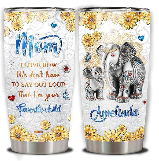 WAZONE Personalized Elephant Tumbler With Lid Custom Name Elephants Sunflowers Insulated Mothers Day Birthday Christmas Items Gifts For Mom From Daughter Son Stainless Steel Travel Cup Mug - Bloomnest