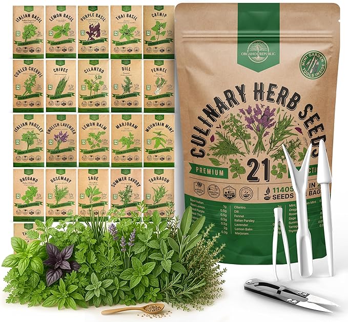 21 Culinary Herb Seeds Variety Pack - Heirloom, Non-GMO, Herb Seeds for Planting Outdoor and Indoor - Home Gardening. Over 11,400+ Seeds Including Rosemary, Thyme, Oregano, Mint, Basil, Parsley & More - Bloomnest
