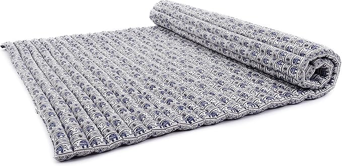 Leewadee - Foldable Floor Mattress - Japanese Roll Up Futon -Trifold Tatami Mat- Guest Floor Bed - Camping Mattress - Thai Massage Mat, Kapok Filled, 75 x 57 inches, Blue White - Bloomnest