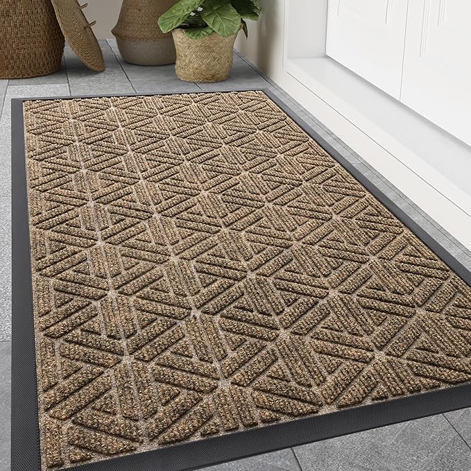 Smiry Front Door Mat Outside Entrance, Heavy Duty Sturdy Natural Rubber Doormat, Trap Dirt and Moisture, Easy Clean Low Profile Mats for Indoor Outdoor Entry, Grid Geometric (47x32, Brown) - Bloomnest