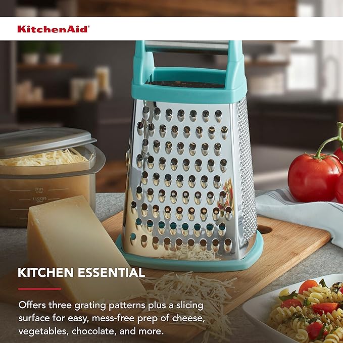 KitchenAid Gourmet 4-Sided Stainless Steel Box Grater for Fine, Medium and Coarse Grate, and Slicing, Detachable 3 Cup Storage Container and Measurment Markings, Dishwasher Safe, 10 inches tall, Aqua - Bloomnest