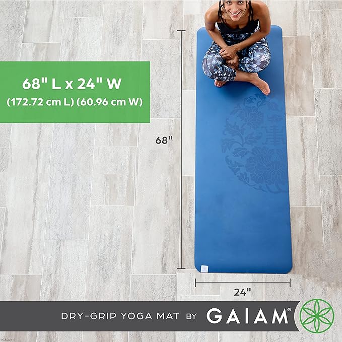 Gaiam Dry-Grip Yoga Mat - 5mm Thick Non-Slip Exercise & Fitness Mat for Standard or Hot Yoga, Pilates and Floor Workouts - Cushioned Support, Non-Slip Coat - 68 x 24 Inches - Bloomnest