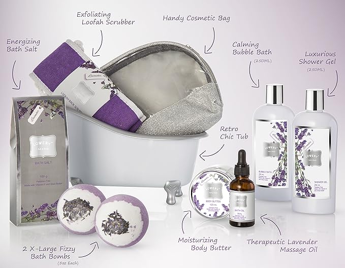 Gift Baskets for Women Bath Gift Set for Women, Bath and Body Spa Set Lavender and Jasmine with Large Bath Bombs, Salts, Shower Gel, Body Butter Lotion, Bath Oil, Bubble Bath, Loofah & More