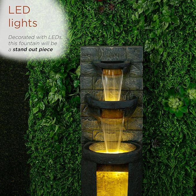Alpine Corporation TZL384 Outdoor 3 Tier Water Fountain with LED Lights for Garden, Patio, Lawn and Yard Spaces, 51" H, Gray - Bloomnest