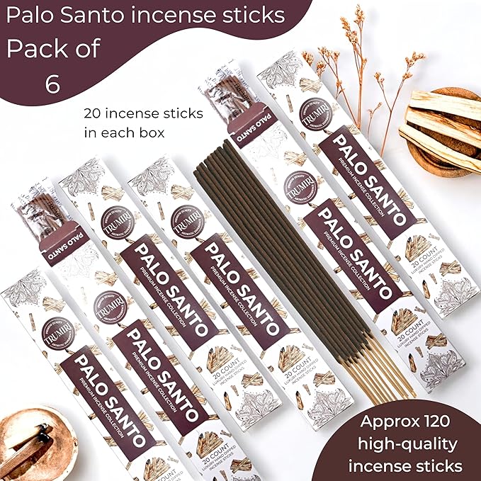 Palo Santo Incense Sticks - Incienso de Palo Santo - Total 120 Insence-Sticks - 6 Packs of 20 Insense - Inciensos - Inscents - Natural Non Toxic Ingredients - Incents - Incence TRUMIRI