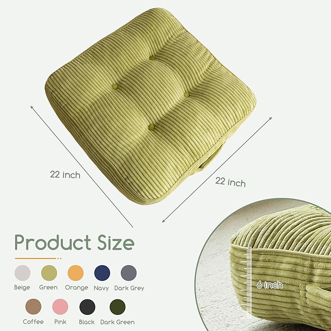 6" Washable Floor Pillow Cushion for Adults, Meditation Cushion Pillow, Large Square Floor Sitting, Removable Tufted Corduroy Cover, for Tatami Living Room or Yoga, 22x22 Inch, 2Pack, Machine Washable - Bloomnest