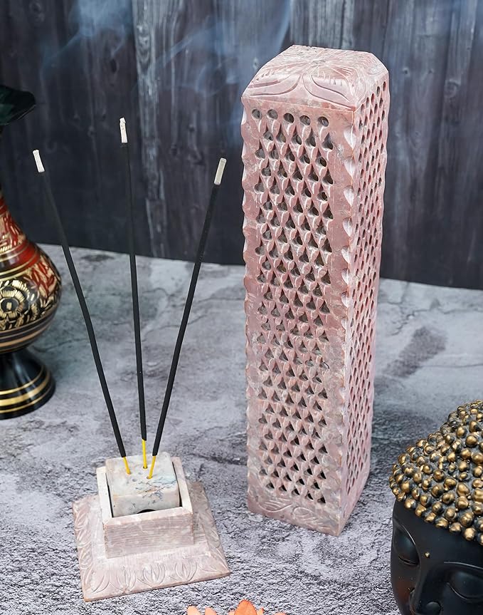 Crocon Handmade Incense Tower Candle Stick Holder Soapstone Leaf Design Tea Light Tower Burner | Candles Stand |Office Decor Room Fragrance Decorative Kitchen Home Spa Great Gift Set - 11X3X3 Inch
