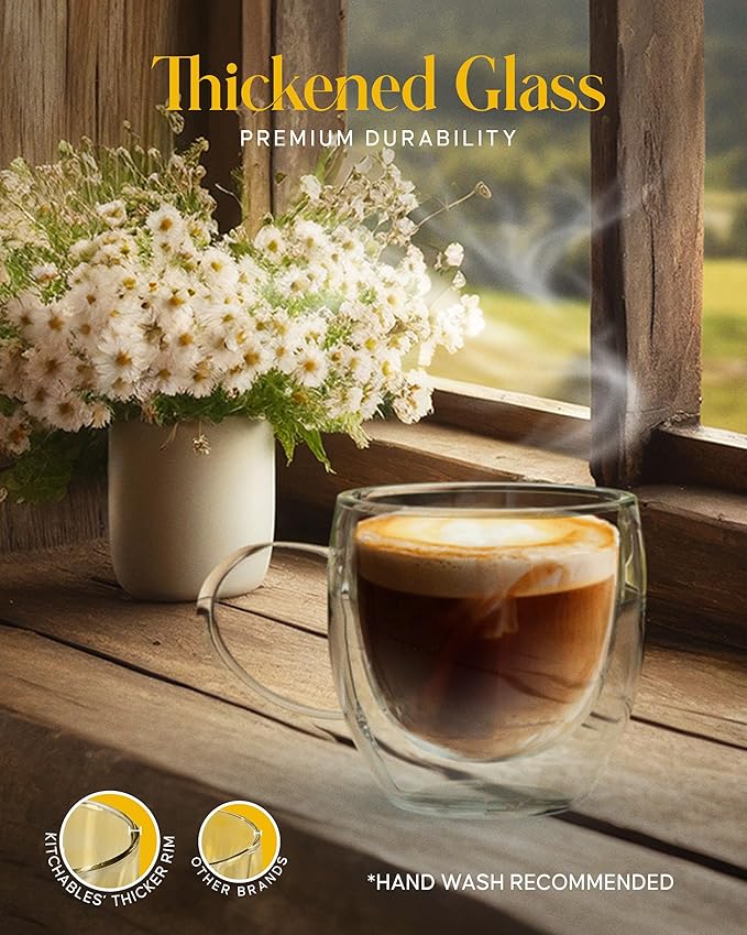 Kitchables Double Walled Glass Coffee Mugs Set of 4, 8oz - Insulated Glass Coffee Mugs for Cappuccino, Latte, Tea, Espresso - Latte Cup - Tazas Para Cafe - Bloomnest