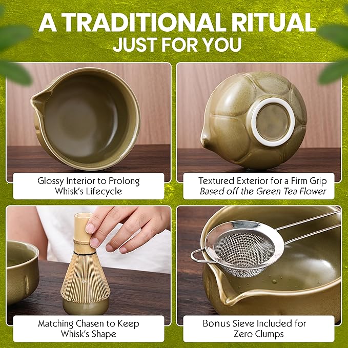 Matcha Whisk Set – 5 Piece Japanese Matcha Tea Set w/Ceramic Matcha Bowl, 100-Prong Bamboo Whisk & Holder, Scoop, & Stainless Sifter – Traditional Matcha Making Kit (Mottled Green) - Bloomnest