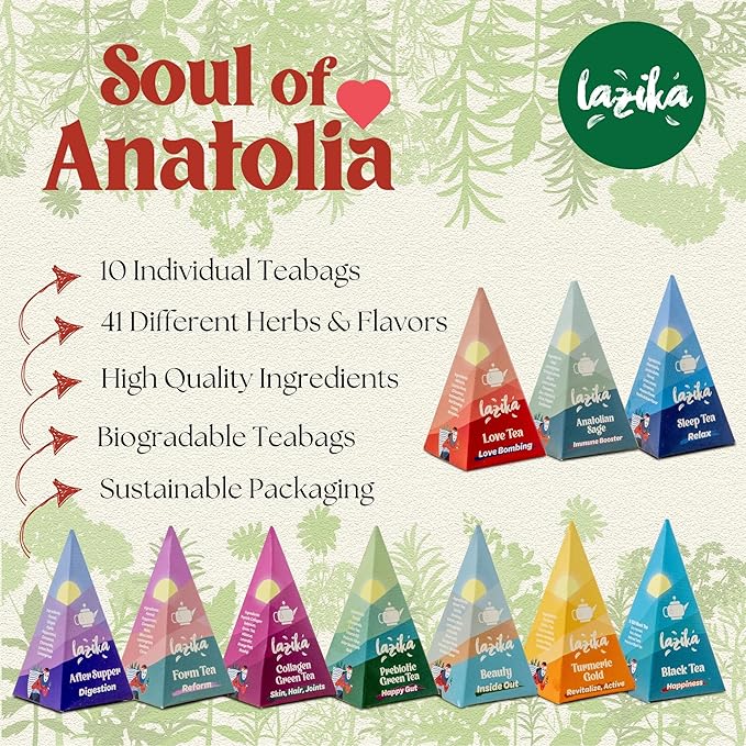 Lazika Tea Variety Pack with Lovely Presentation Box, Black, Green and Herbal Tea Sampler Gift Set, 20 Counts, Premium Collection with Pyramid Infuser Bag, Handcrafted - Bloomnest