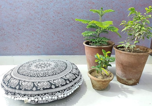 24" Black white Elephant Flower Mandala Barmeri Large Floor Pillow Cover Cushion Meditation Seating Ottoman Throw Cover Hippie Decorative Zipped Bohemian Pouf Ottoman Pom Pom Cases 24 " round - Bloomnest