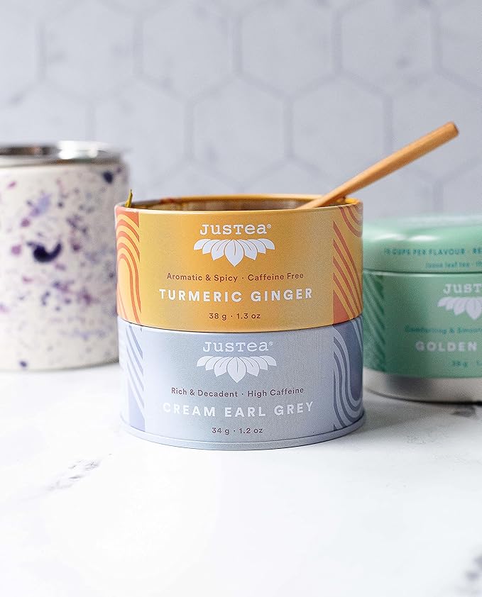 JusTea Assorted Tea Trio | Stacking Tins Variety Pack with Hand Carved Spoon | Loose Leaf Tea | Variable Caffeine | Award-Winning | Fair Trade | Non-GMO - Bloomnest