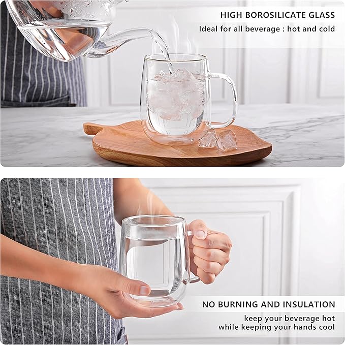 CNGLASS Large Double Wall Glass Coffee Mug 15.2oz,Clear Insulated Glass Espresso Cup with Big Handle,set of 2 - Bloomnest