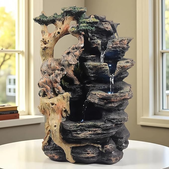 Water Fountain Indoor, Desktop Fountain Waterfall,Elephant Sculpture Layered LED Lighting. Indoor Office and Home Decorations Suitable for Creating a Peaceful Atmosphere. - Bloomnest